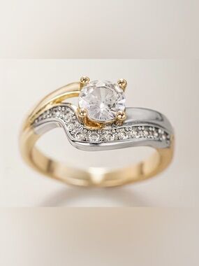 Elegant Two-Tone CZ Ring – Gold Plated – Wave Design – Size 6